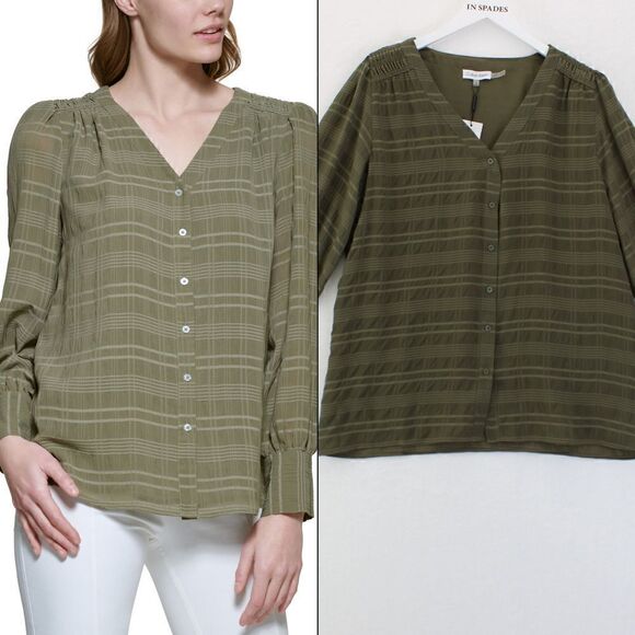 Calvin Klein Plaid Puff Shoulder Blouse - Caper - Picture 1 of 3